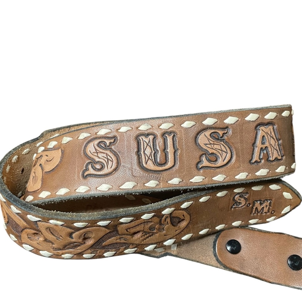 Hand-Tooled Brown Leather Belt with floral Embossing and personalized SUSAN